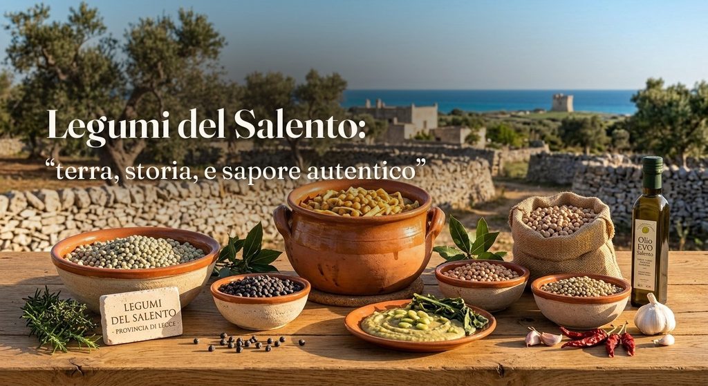 Pignata di legumi del Salento su tavolo in legno con uliveto e mare sullo sfondo — Legumi del Salento: terra, storia e sapore autentico